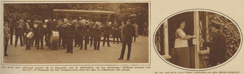 871303 Collage van 2 foto's betreffende de Tramharmonie 'Electra' te Utrecht, die 'met muziek' collecteert voor de ...